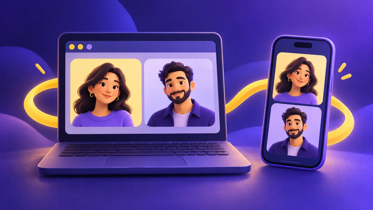 Laptop browser and phone with matching illustrated video conversation panels.
