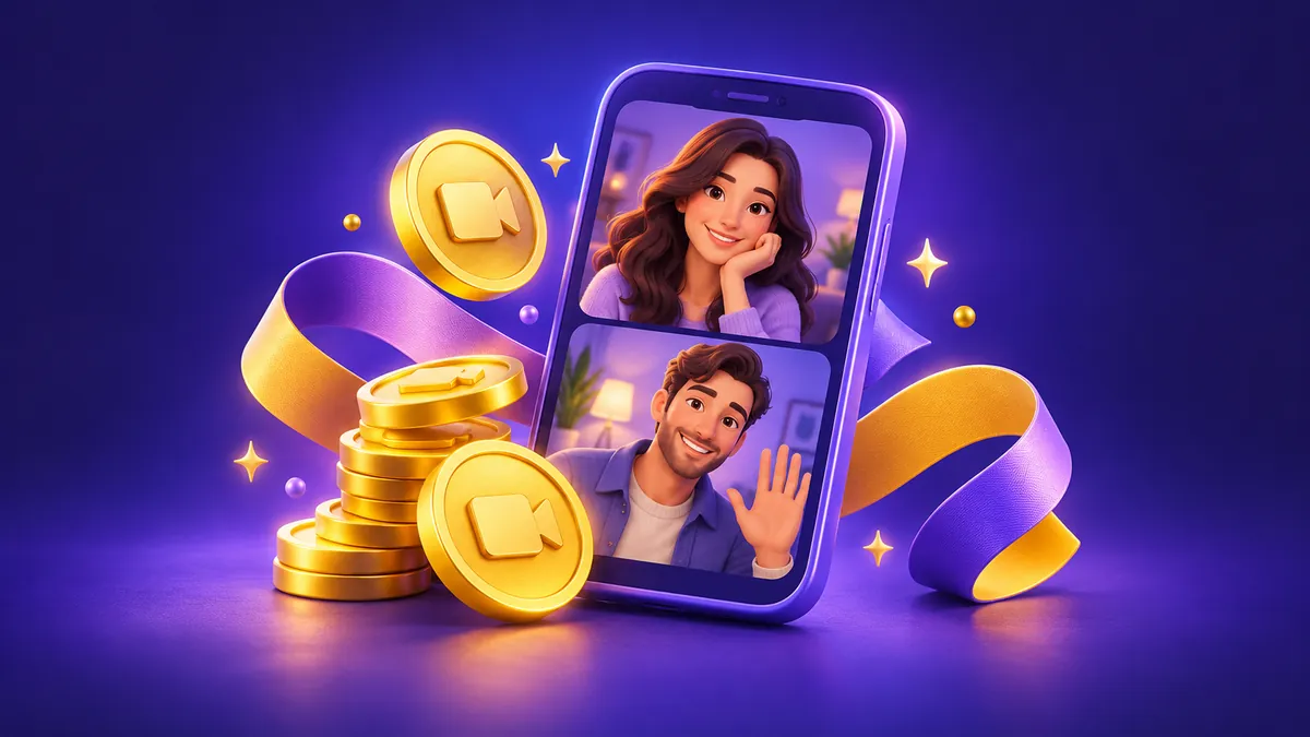 Illustrated phone with two adult portraits, gold camera tokens and a welcome ribbon.