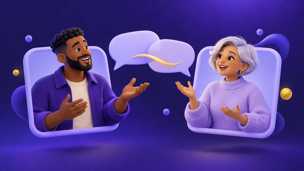 Two illustrated adults talking across video panels with overlapping speech bubbles.