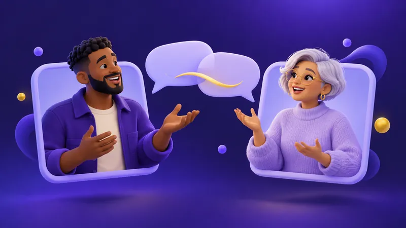 Two illustrated adults talking across video panels with overlapping speech bubbles.
