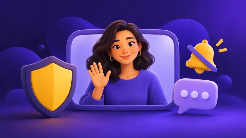 Illustrated adult waving beside a shield, speech bubble and muted bell.