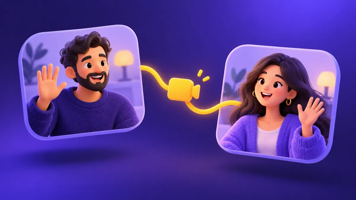 Two illustrated adults waving in separate video panels linked by a yellow ribbon.