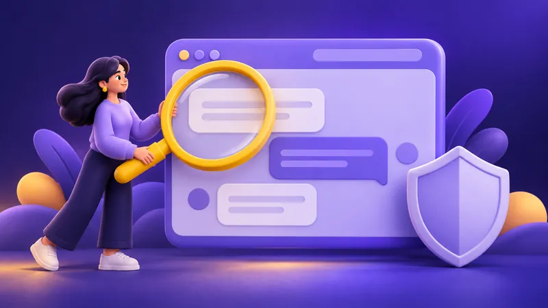 Illustrated browser window, magnifying glass and shield representing website evaluation.