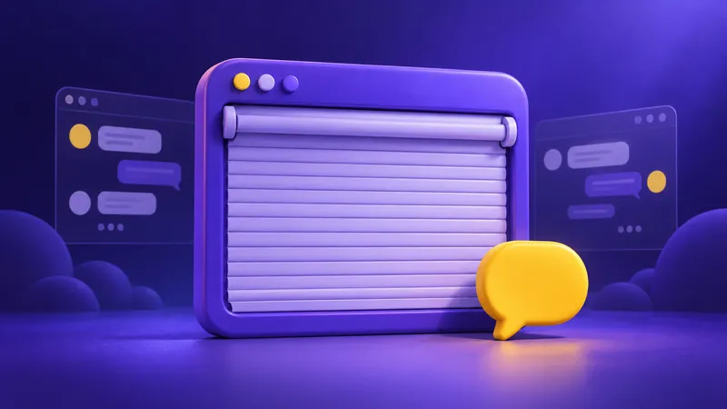 An abstract browser window with a closed shutter beside a yellow speech bubble.