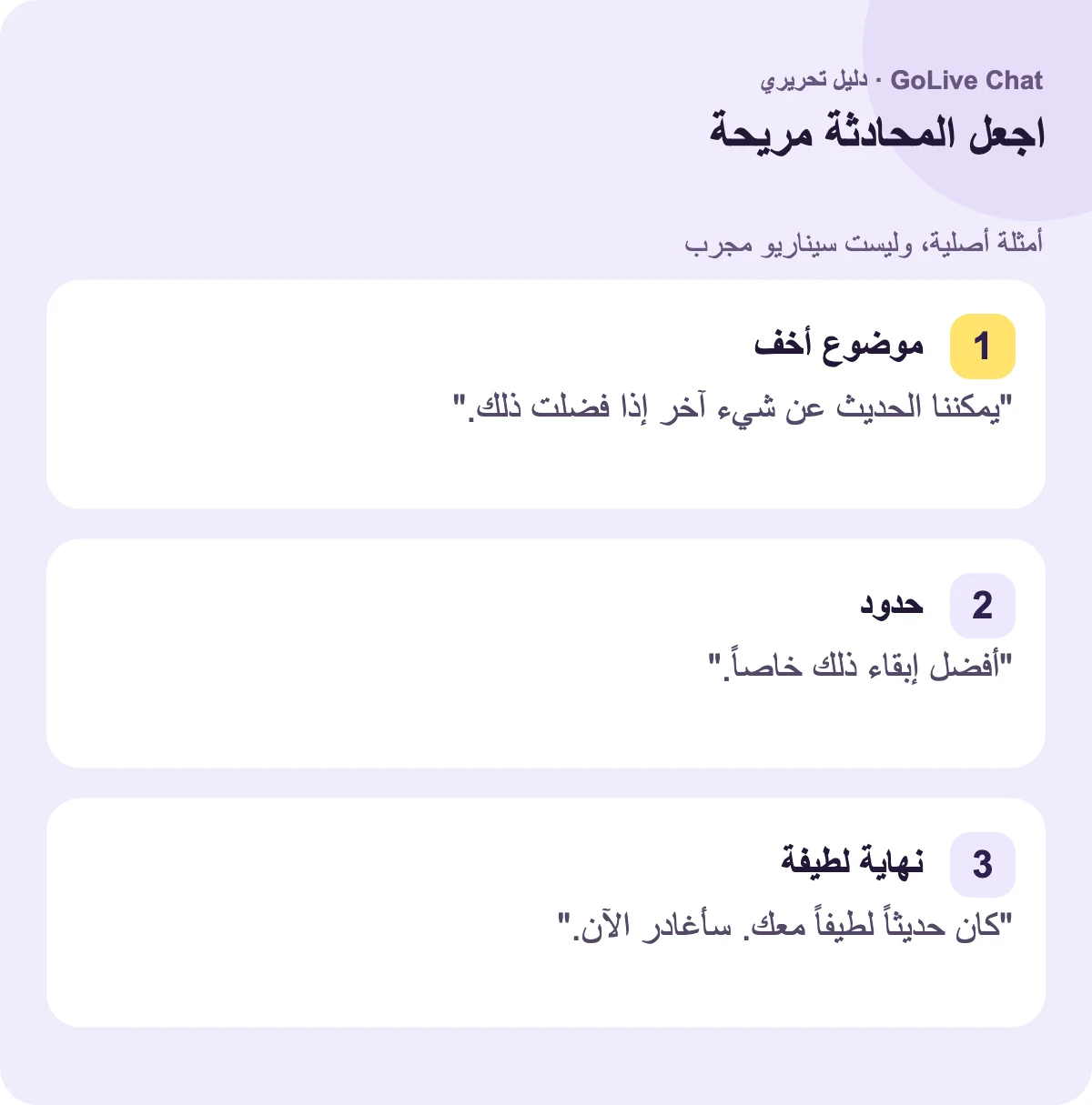 موضوع أخف: "يمكننا الحديث عن شيء آخر إذا فضلت." حد: "أفضل إبقاء ذلك خاصاً." ختام لطيف: "كان من اللطيف التحدث معك. سأغادر الآن."