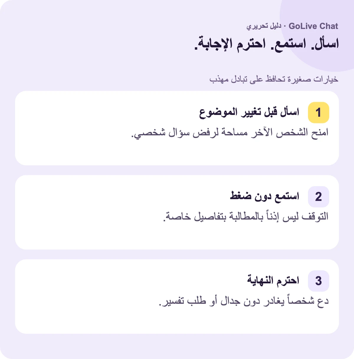 اسأل قبل تغيير الموضوع: أعطِ الشخص الآخر مساحة لرفض سؤال شخصي. استمع دون ضغط: الصمت ليس إذنًا للمطالبة بتفاصيل خاصة. احترم النهاية: دع شخصًا يغادر دون جدال أو طلب تفسير.