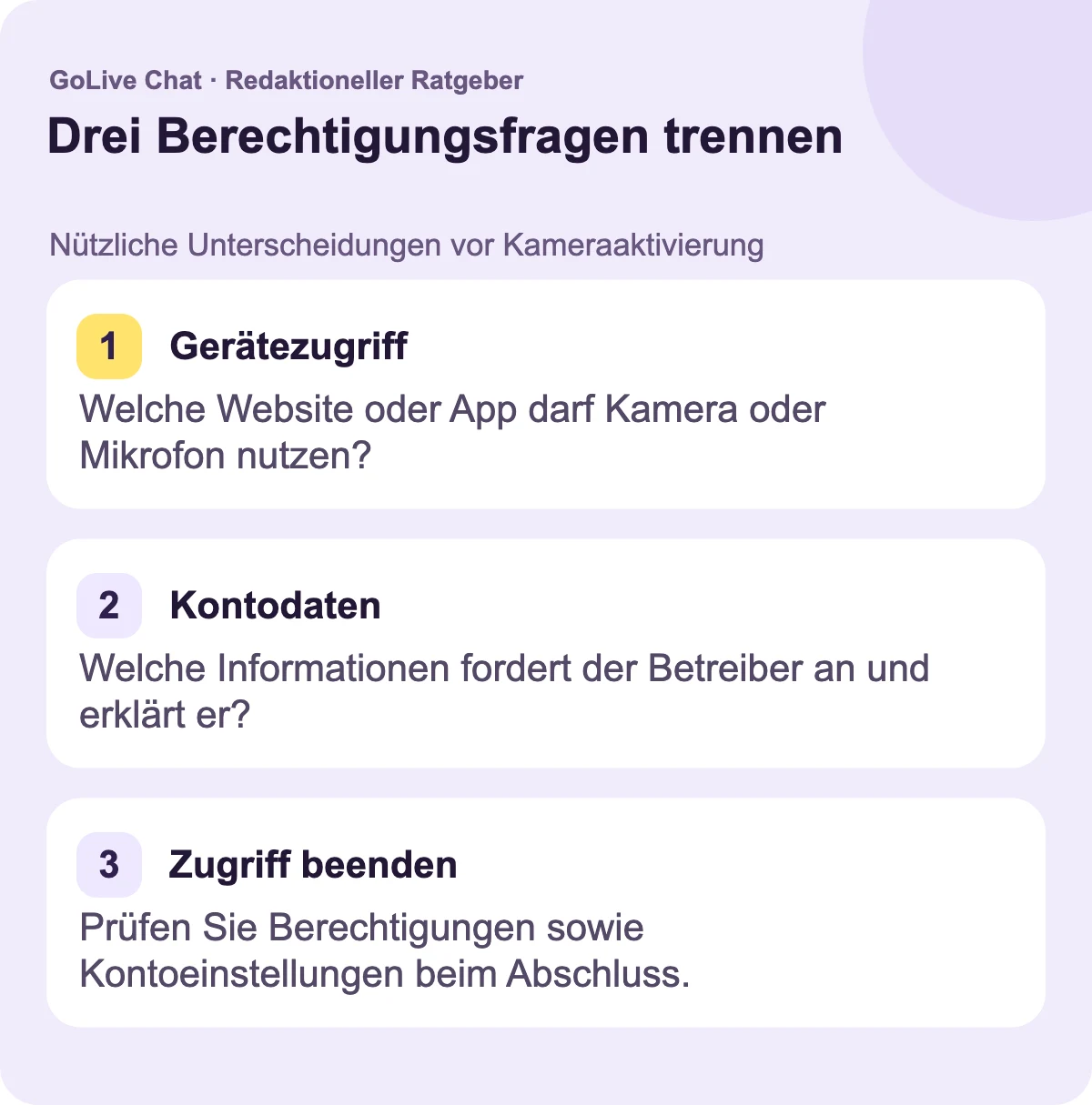 Gerätezugriff: Welche Website oder App kann die Kamera oder das Mikrofon nutzen? Kontodaten: Welche Informationen fordert der Betreiber an und erklärt er? Beendigung des Zugriffs: Überprüfen Sie Berechtigungen sowie Kontoeinstellungen, wenn Sie fertig sind.
