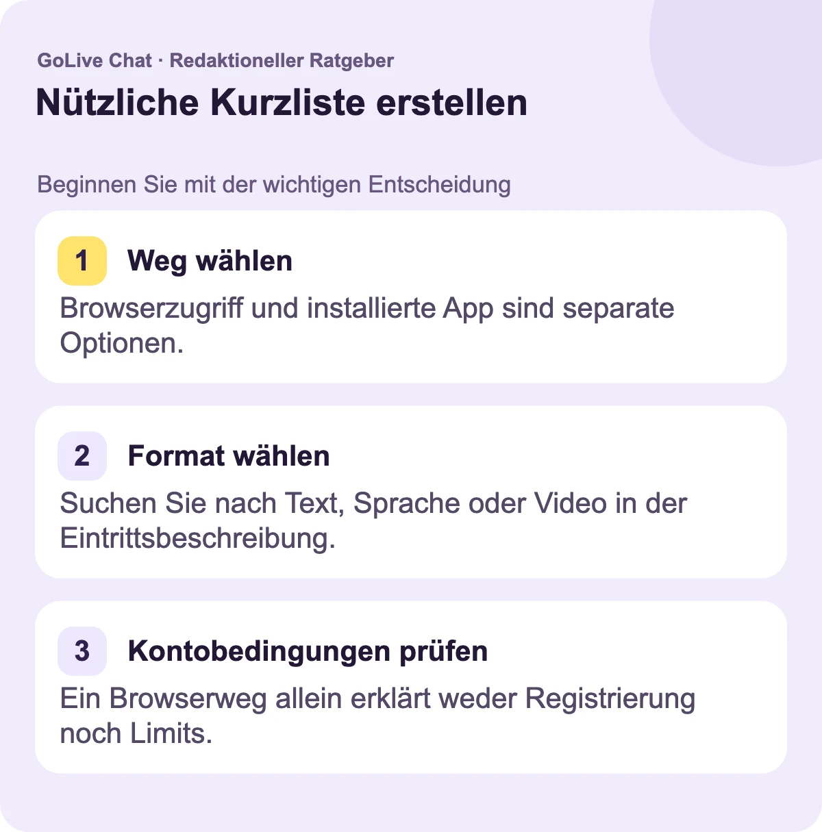 Wählen Sie einen Weg: Browser-Zugang und eine installierte App sind separate Optionen. Wählen Sie ein Format: Suchen Sie nach Text, Sprache oder Video in der Einstiegsbeschreibung. Prüfen Sie Konto-Bedingungen: Ein Browser-Weg allein erklärt weder Registrierung noch Limits.