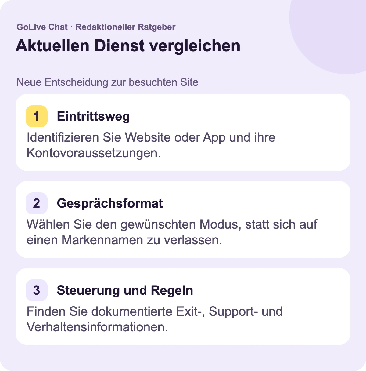 Einstiegsweg: Identifizieren Sie die Website oder App und ihre Kontoanforderungen. Gesprächsformat: Wählen Sie den gewünschten Modus, statt sich auf einen Markennamen zu verlassen. Steuerung und Regeln: Finden Sie die dokumentierten Ausstieg-, Support- und Verhaltensinformationen.