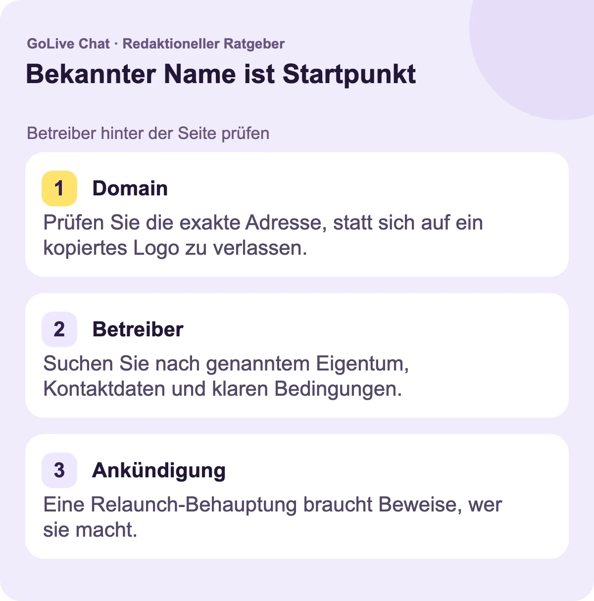 Domain: Prüfen Sie die genaue Adresse, statt sich auf ein kopiertes Logo zu verlassen. Betreiber: Suchen Sie nach genanntem Eigentum, Kontaktinformationen und klaren Bedingungen. Ankündigung: Eine Wiederbelebs-Behauptung benötigt Beweise dafür, wer sie aufstellt.