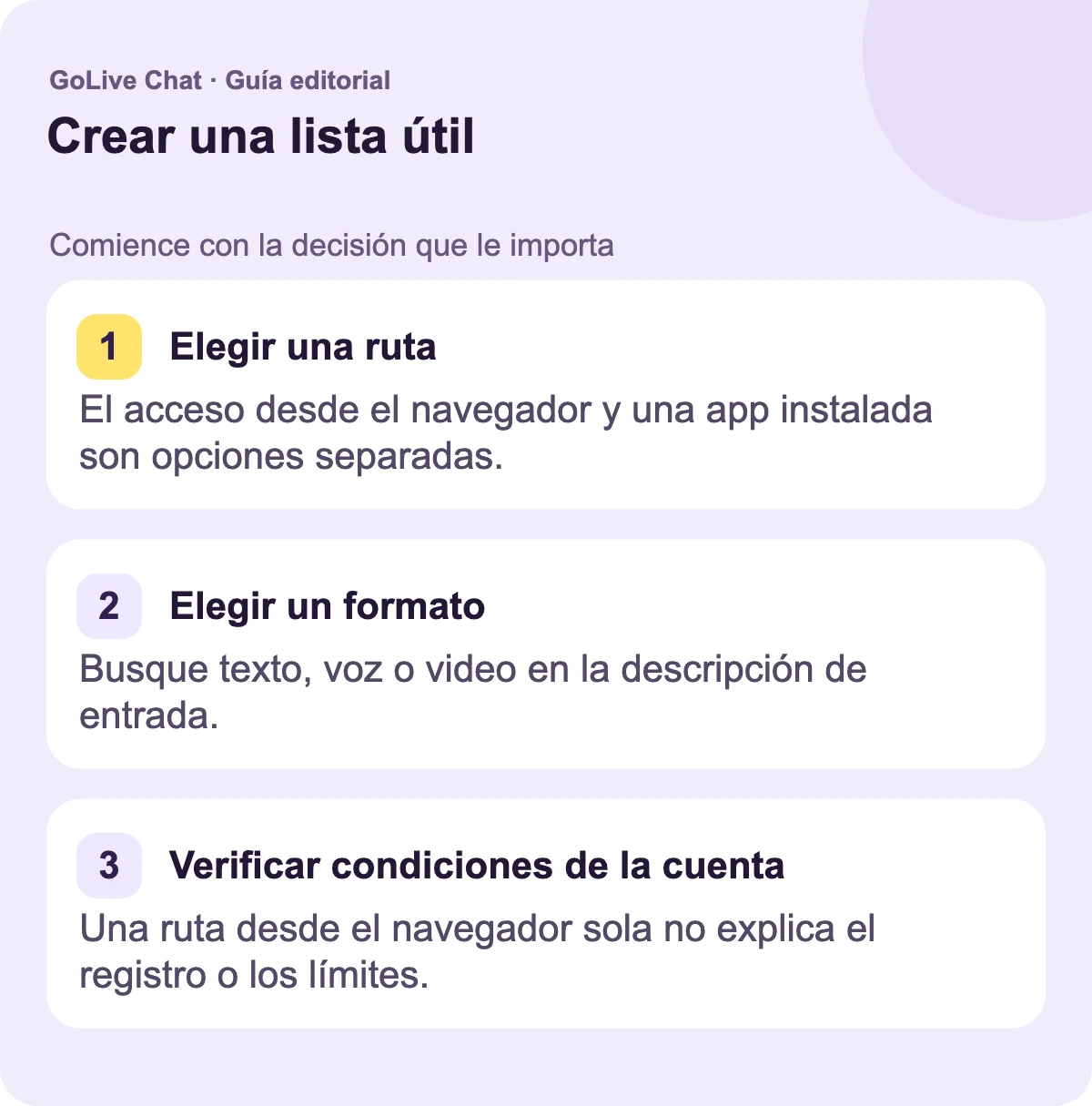 Elija una ruta: El acceso desde el navegador y una aplicación instalada son opciones separadas. Elija un formato: Busque texto, voz o vídeo en la descripción de entrada. Verifique las condiciones de la cuenta: Una ruta del navegador sola no explica el registro o los límites.
