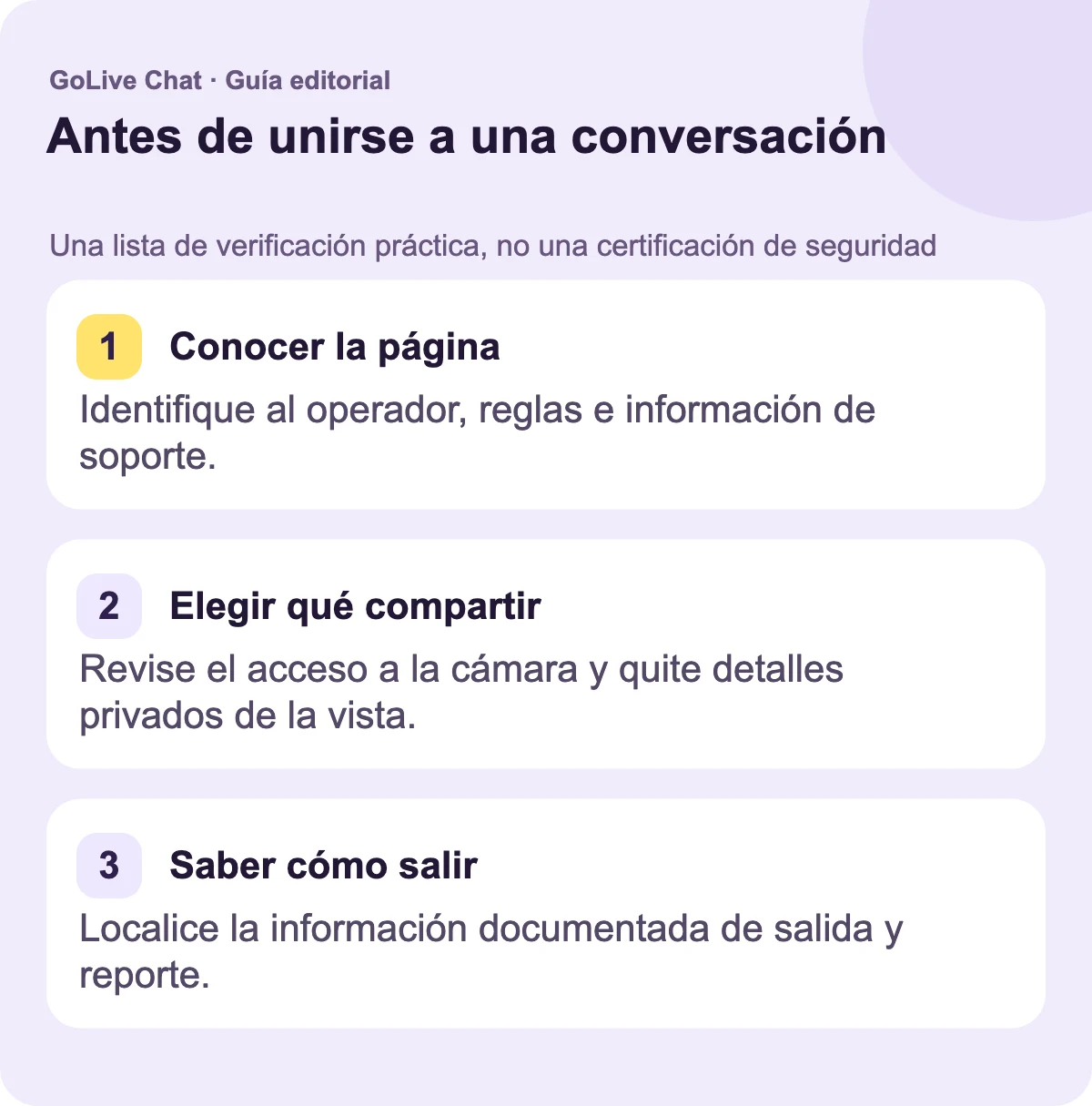 Conozca la página: Identifique al operador, las reglas y la información de apoyo. Elija qué compartir: Revise el acceso a la cámara y quite detalles privados de la vista. Sepa cómo salir: Localice la información documentada de salida y reporte.