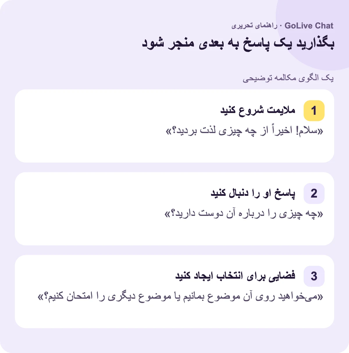 آرام شروع کنید: «سلام! اخیراً از چه چیزی لذت برده‌اید؟» پاسخ آن‌ها را دنبال کنید: «چه چیزی را در آن دوست دارید؟» فضایی برای انتخاب ایجاد کنید: «می‌خواهید روی آن موضوع بمانیم یا دیگری را امتحان کنیم؟»
