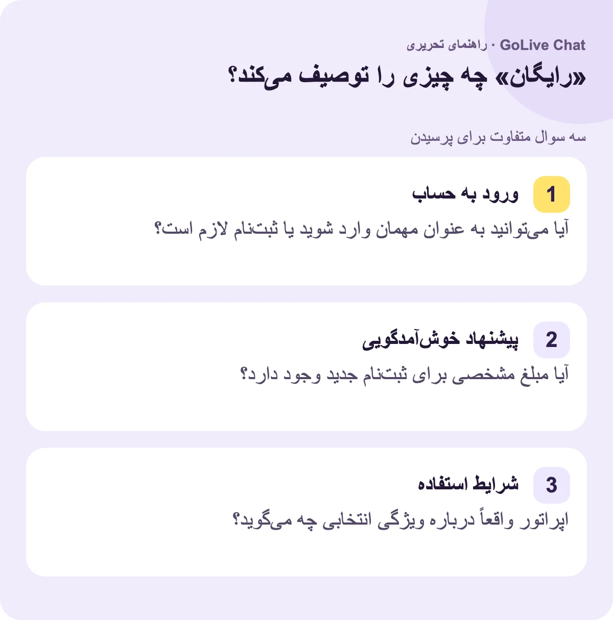 ورود حساب: آیا میتوانید به عنوان مهمان وارد شوید یا ثبتنام لازم است؟ پیشنهاد خوشآمدگویی: آیا مبلغ مشخصی برای ثبتنام جدید وجود دارد؟ شرایط استفاده: اپراتور واقعاً درباره ویژگی انتخابشده چه میگوید؟