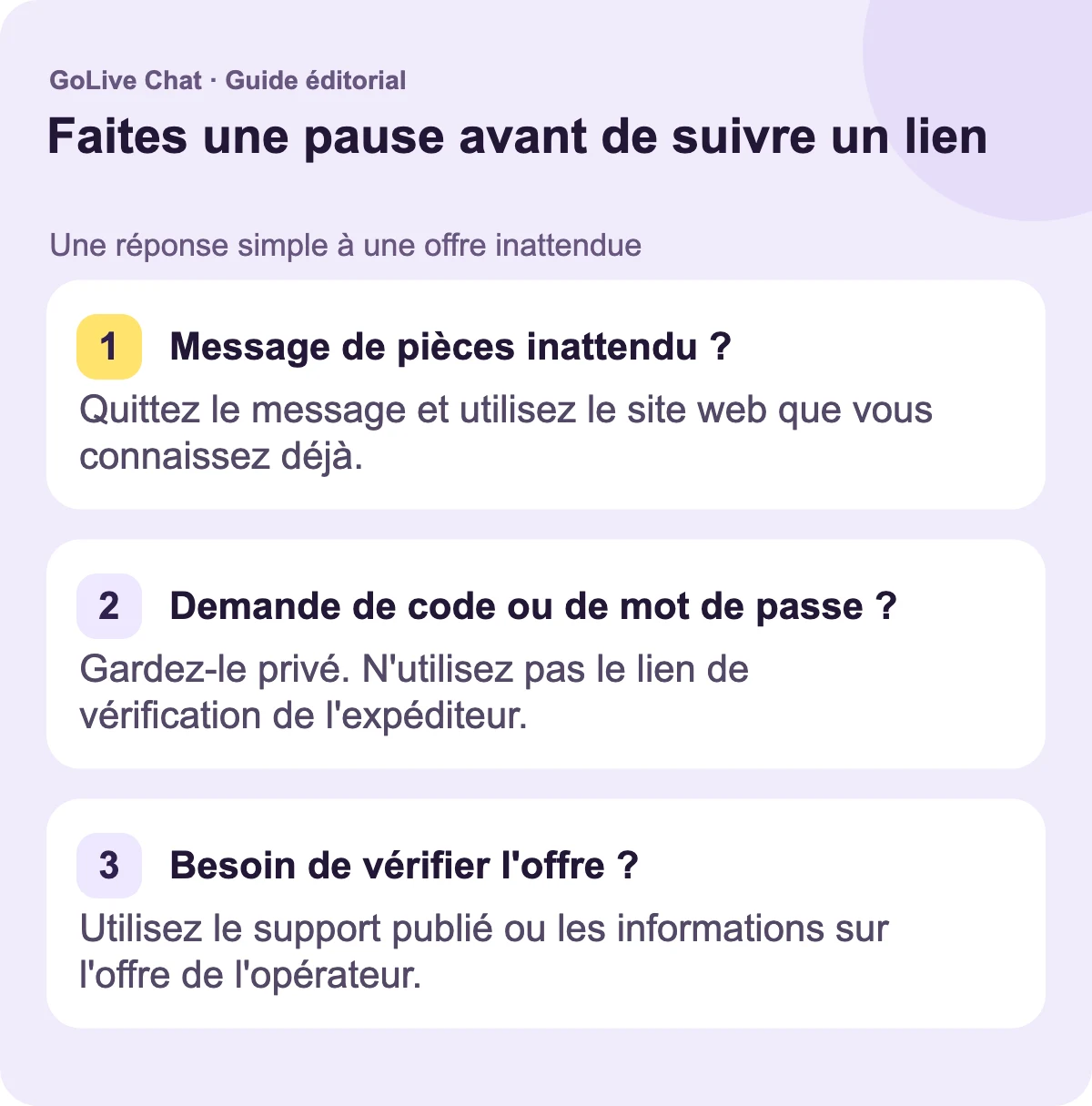 Message de pièces inattendu ? : Quittez le message et utilisez le site web que vous connaissez déjà. On vous demande un code ou un mot de passe ? : Gardez-le privé. N'utilisez pas le lien de vérification de l'expéditeur. Besoin de vérifier l'offre ? : Utilisez le support publié ou les informations sur l'offre de l'opérateur.