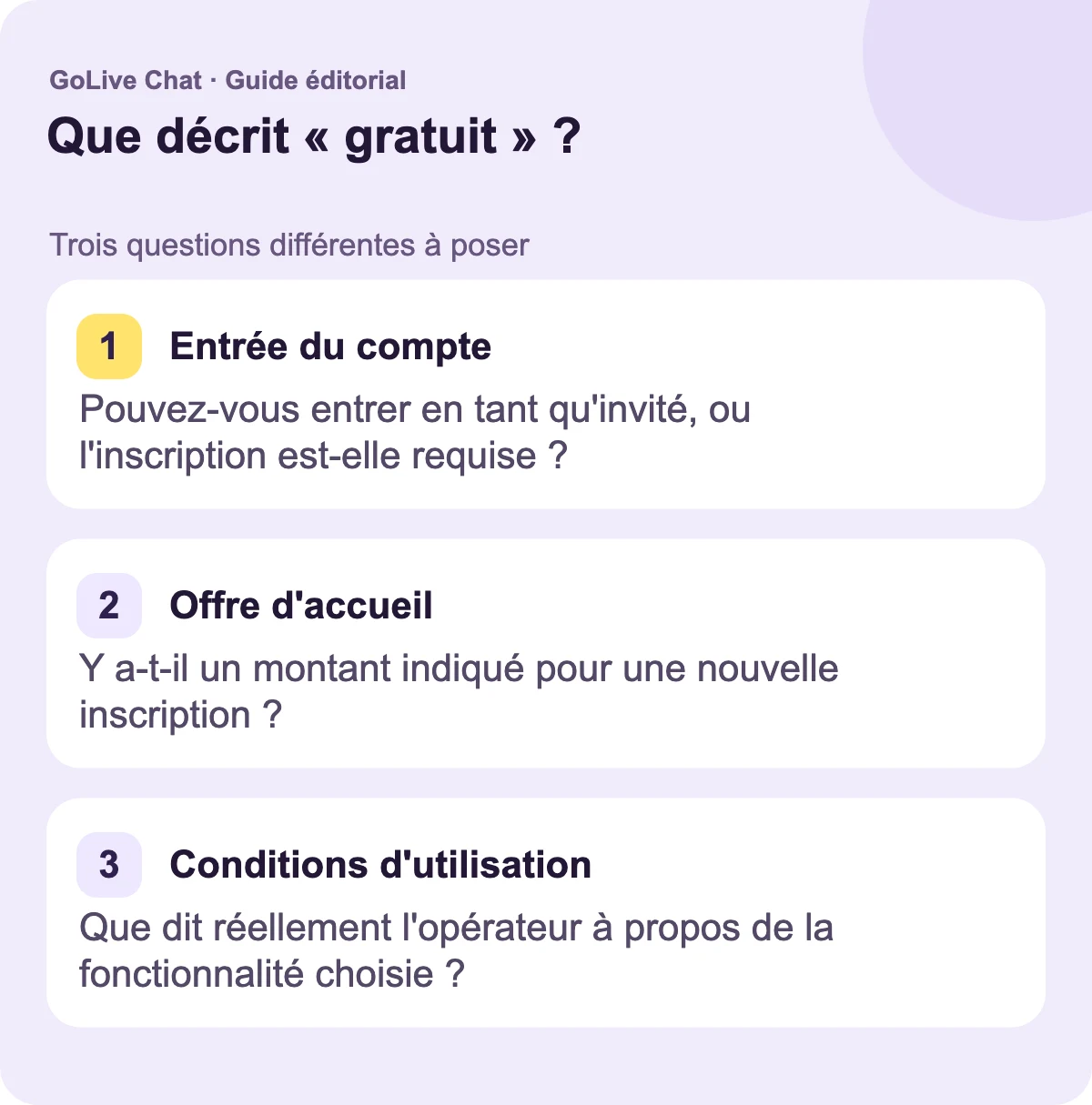 Saisie du compte : pouvez-vous entrer en tant qu'invité, ou l'inscription est-elle requise ? Offre d'accueil : y a-t-il un montant indiqué pour une nouvelle inscription ? Conditions d'utilisation : Que dit réellement l'opérateur sur la fonctionnalité choisie ?