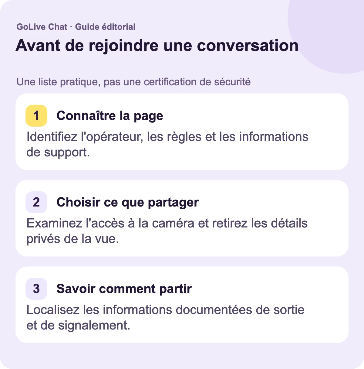 Connaître la page : Identifiez l'opérateur, les règles et les informations de soutien. Choisir ce que vous partagez : Vérifiez l'accès à la caméra et retirez les détails privés de la vue. Savoir comment partir : Localisez les informations documentées de sortie et de signalement.