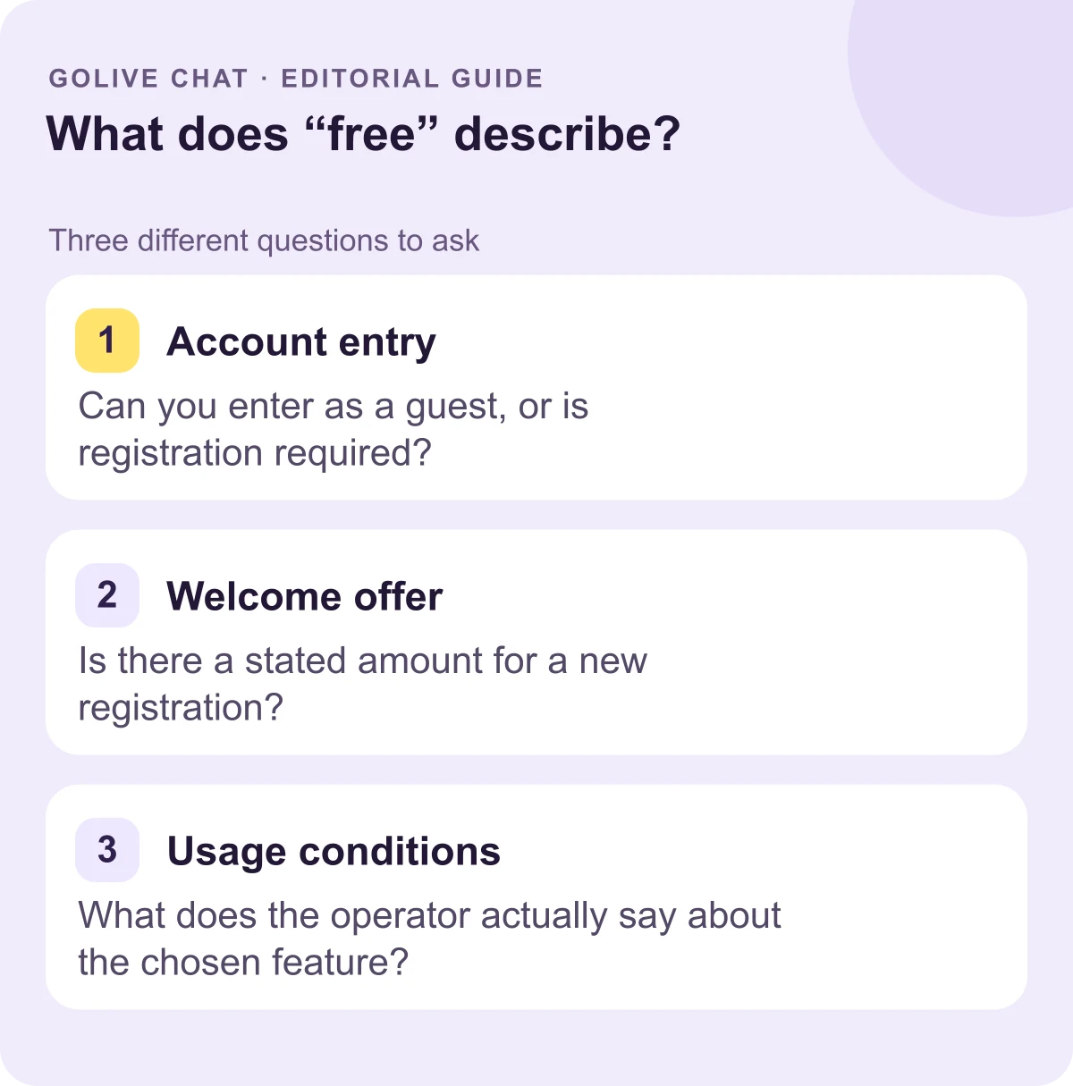 Account entry: Can you enter as a guest, or is registration required? Welcome offer: Is there a stated amount for a new registration? Usage conditions: What does the operator actually say about the chosen feature?