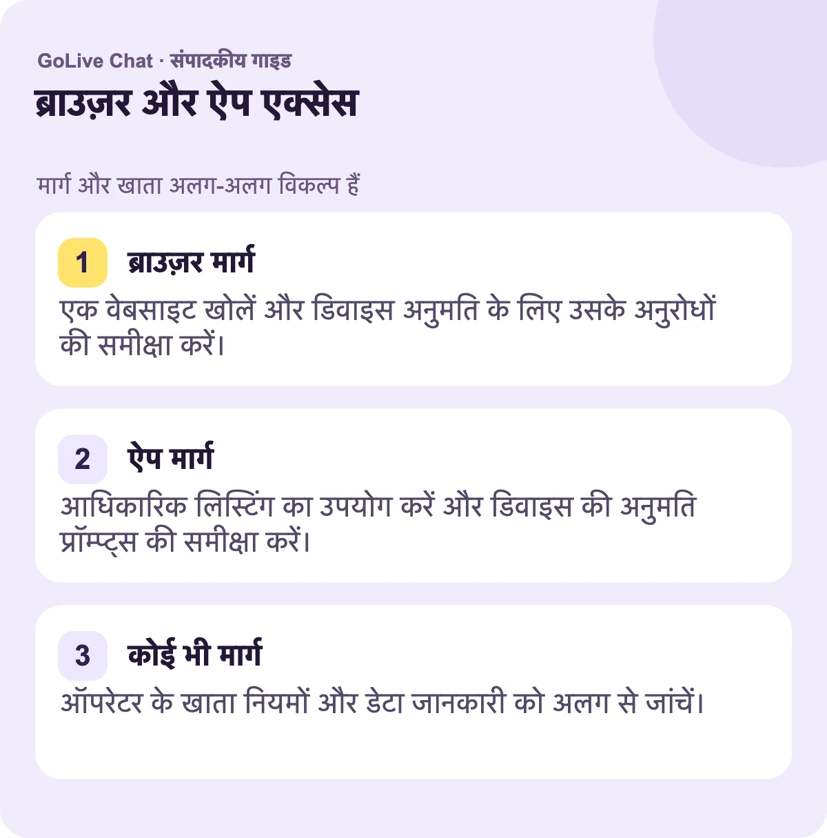ब्राउज़र मार्ग: एक वेबसाइट खोलें और डिवाइस अनुमति के लिए उसके अनुरोधों की समीक्षा करें। ऐप मार्ग: आधिकारिक लिस्टिंग का उपयोग करें और डिवाइस के अनुमति प्रॉम्प्ट की समीक्षा करें। किसी भी मार्ग: ऑपरेटर के खाता नियमों और डेटा जानकारी को अलग से जांचें।