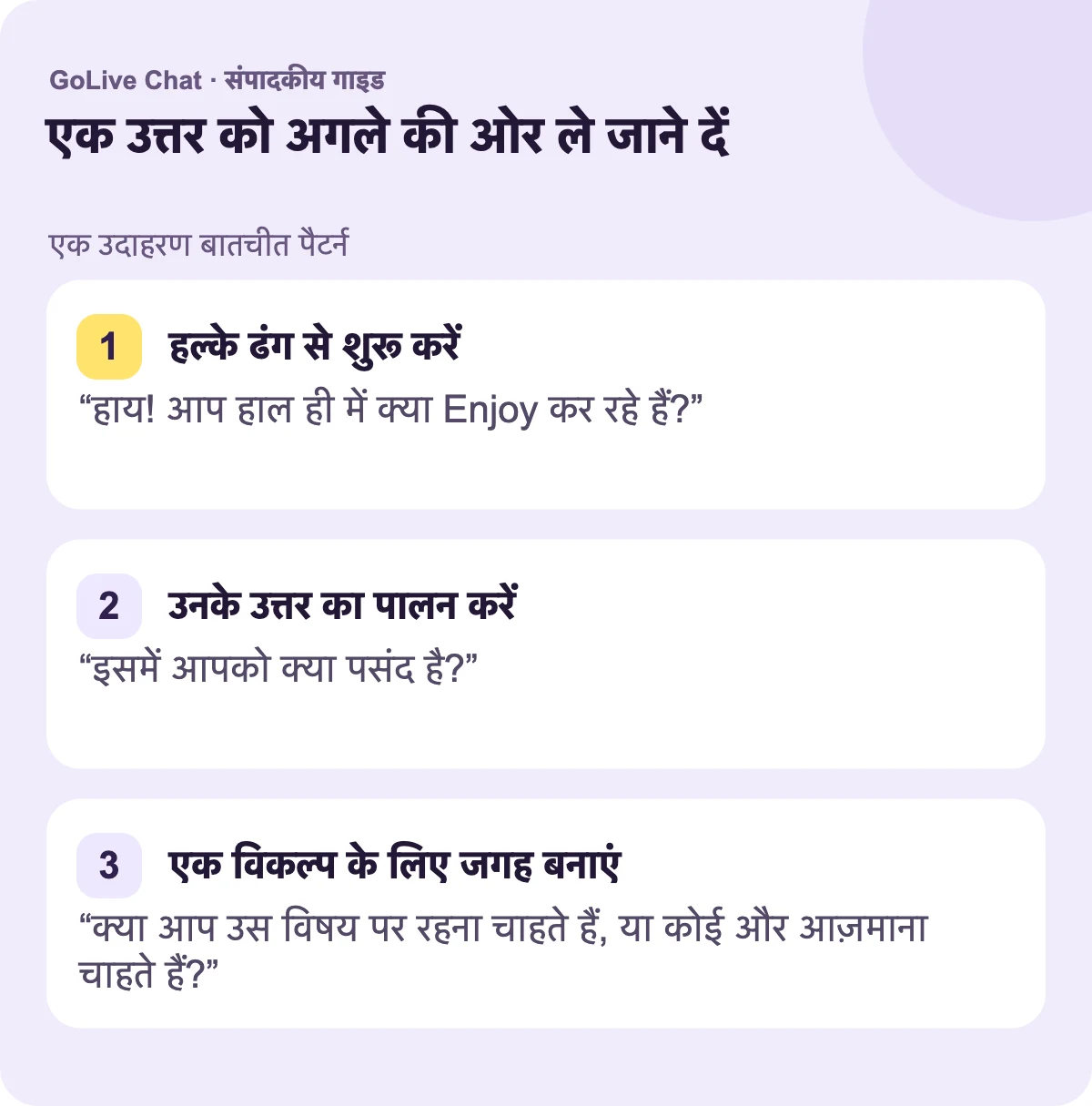 कोमलता से शुरू करें: “हाय! आप हाल ही में किसका आनंद ले रहे हैं?” उनके उत्तर का अनुसरण करें: “इसमें आपको क्या पसंद है?” एक विकल्प के लिए जगह बनाएं: “क्या आप उस विषय पर रहना चाहेंगे, या कोई और आज़माना चाहेंगे?”