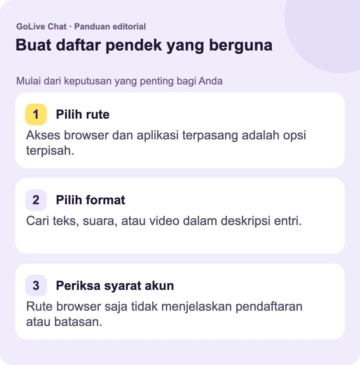 Pilih rute: Akses peramban dan aplikasi terinstal adalah opsi terpisah. Pilih format: Cari teks, suara, atau video dalam deskripsi entri. Periksa kondisi akun: Rute peramban saja tidak menjelaskan pendaftaran atau batas.