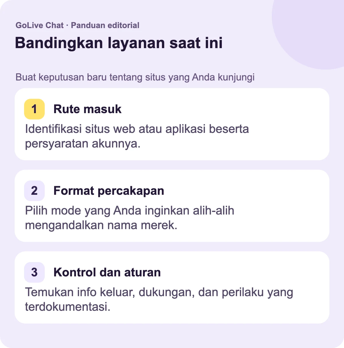 Jalur masuk: Identifikasi situs web atau aplikasi dan persyaratan akunnya. Format percakapan: Pilih mode yang Anda inginkan daripada mengandalkan nama merek. Kontrol dan aturan: Temukan informasi keluar, dukungan, dan perilaku yang didokumentasikan.