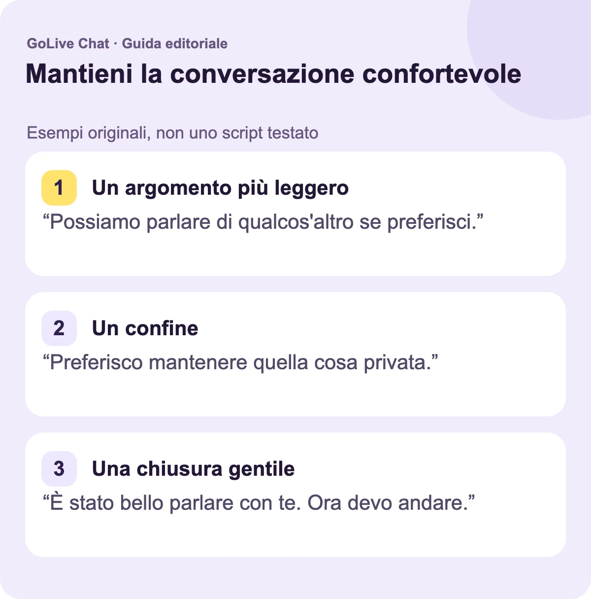 Un argomento più leggero: “Possiamo parlare di qualcos'altro se preferisci”. Un confine: “Preferisco mantenere questo privato”. Una chiusura gentile: “Bello parlare con te. Vado ora.”