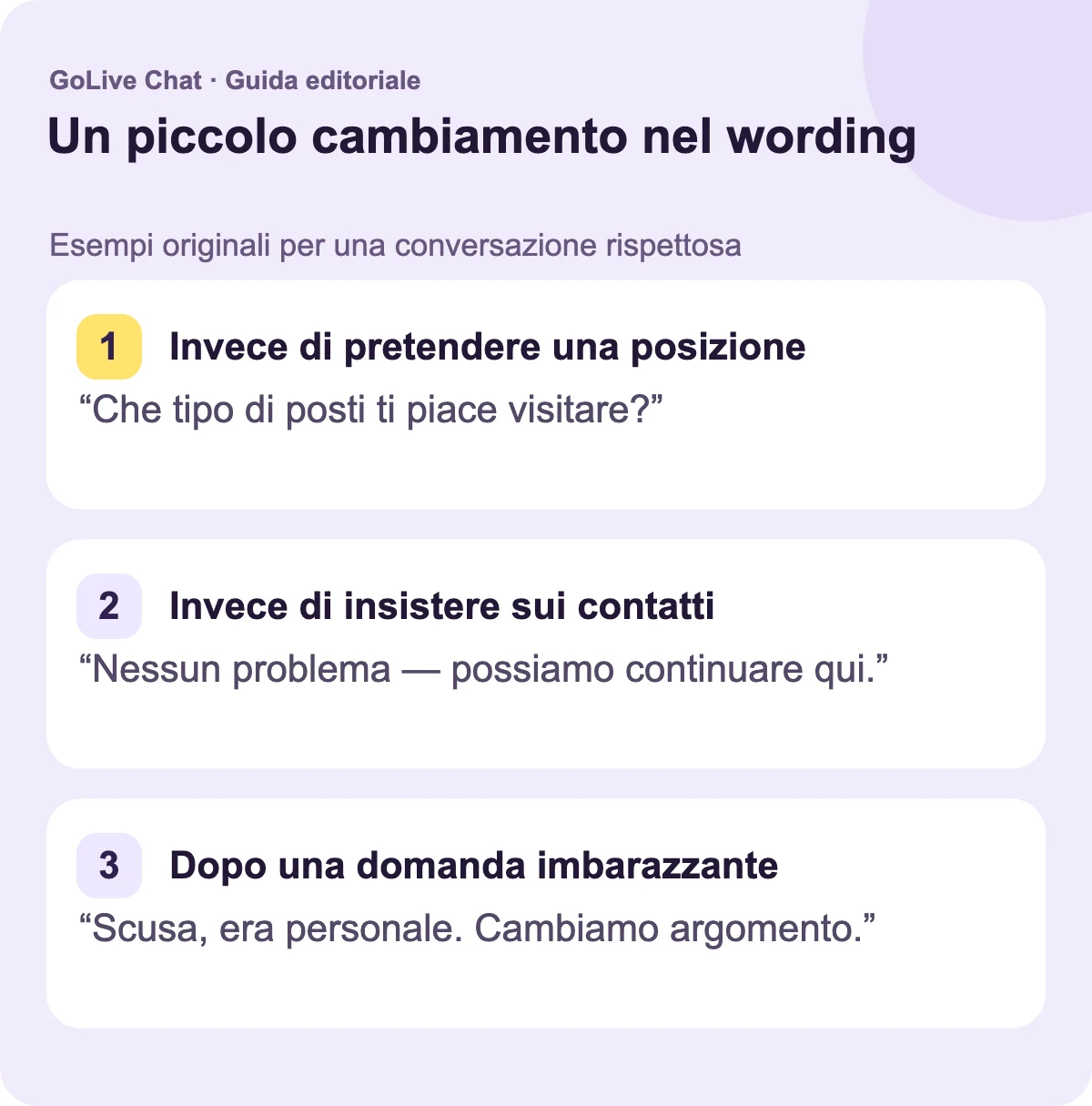 Invece di esigere una posizione: "Che tipo di posti ti piace visitare?" Invece di insistere sui contatti: "Nessun problema — possiamo mantenere la conversazione qui." Dopo una domanda imbarazzante: "Scusa, era personale. Cambiamo argomento."