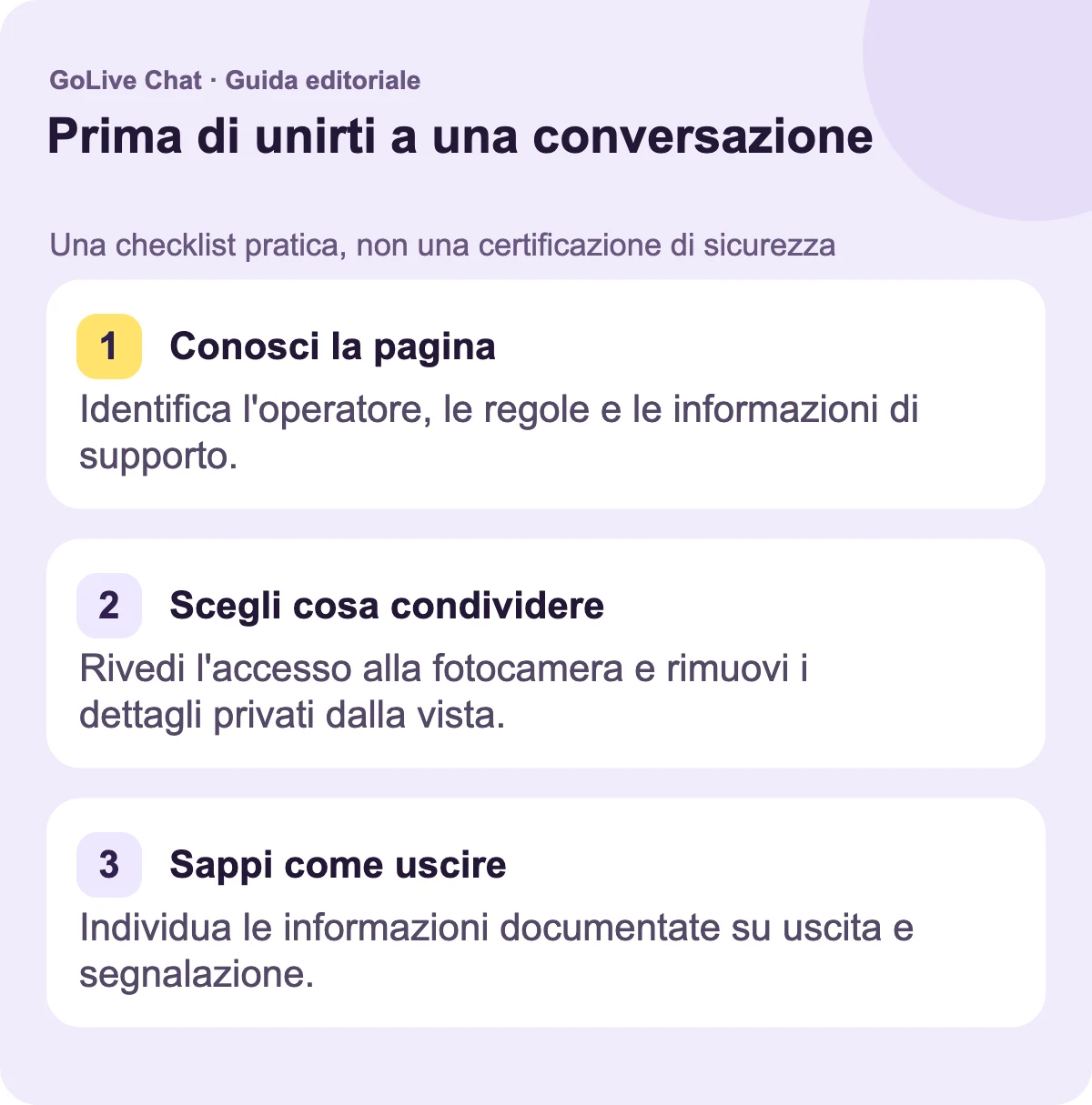 Conosci la pagina: Identifica l'operatore, le regole e le informazioni di supporto. Scegli cosa condividere: Rivedi l'accesso alla fotocamera e rimuovi i dettagli privati dalla vista. Sappi come uscire: Individua le informazioni documentate di uscita e segnalazione.
