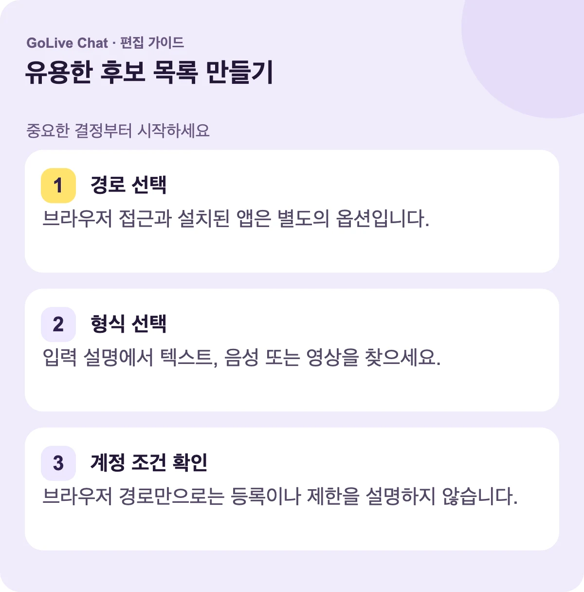 경로 선택: 브라우저 접근과 설치된 앱은 별도의 옵션입니다. 형식 선택: 진입 설명에서 텍스트, 음성 또는 영상을 찾으세요. 계정 조건 확인: 브라우저 경로만으로는 등록이나 제한을 설명하지 않습니다.