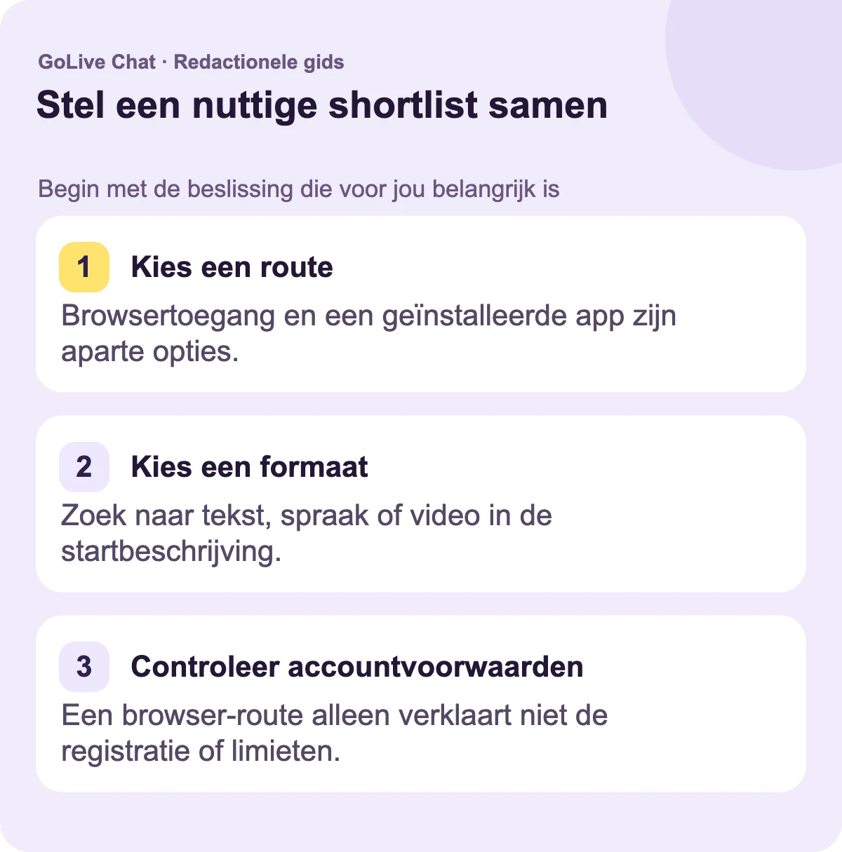 Kies een route: Browser-toegang en een geïnstalleerde app zijn aparte opties. Kies een formaat: Zoek naar tekst, spraak of video in de invoerbeschrijving. Controleer accountvoorwaarden: Een browserroute alleen verklaart niet registratie of beperkingen.