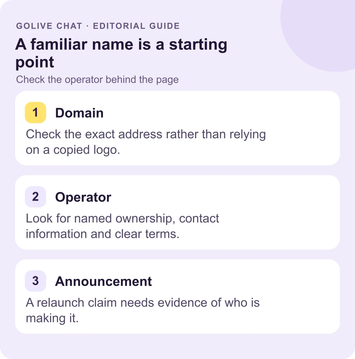 Domain: Check the exact address rather than relying on a copied logo. Operator: Look for named ownership, contact information and clear terms. Announcement: A relaunch claim needs evidence of who is making it.