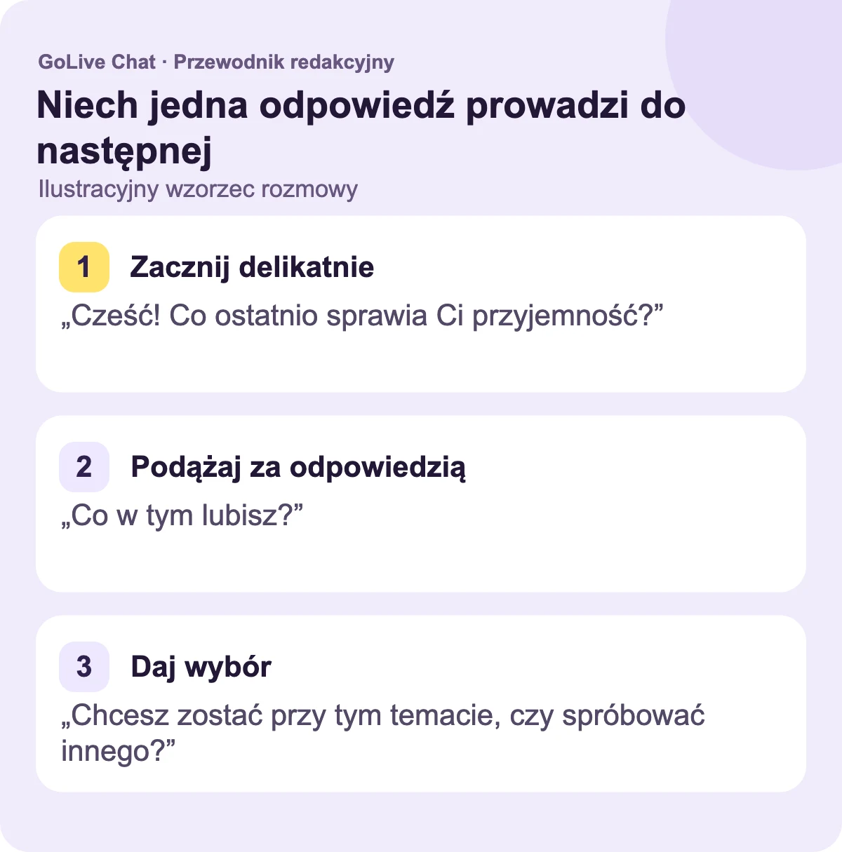 Zacznij łagodnie: „Cześć! Co sprawiało ci ostatnio przyjemność?”. Nawiąż do odpowiedzi: „Co ci się w tym podoba?”. Zostaw miejsce na wybór: „Chcesz zostać przy tym temacie, czy spróbować innego?”