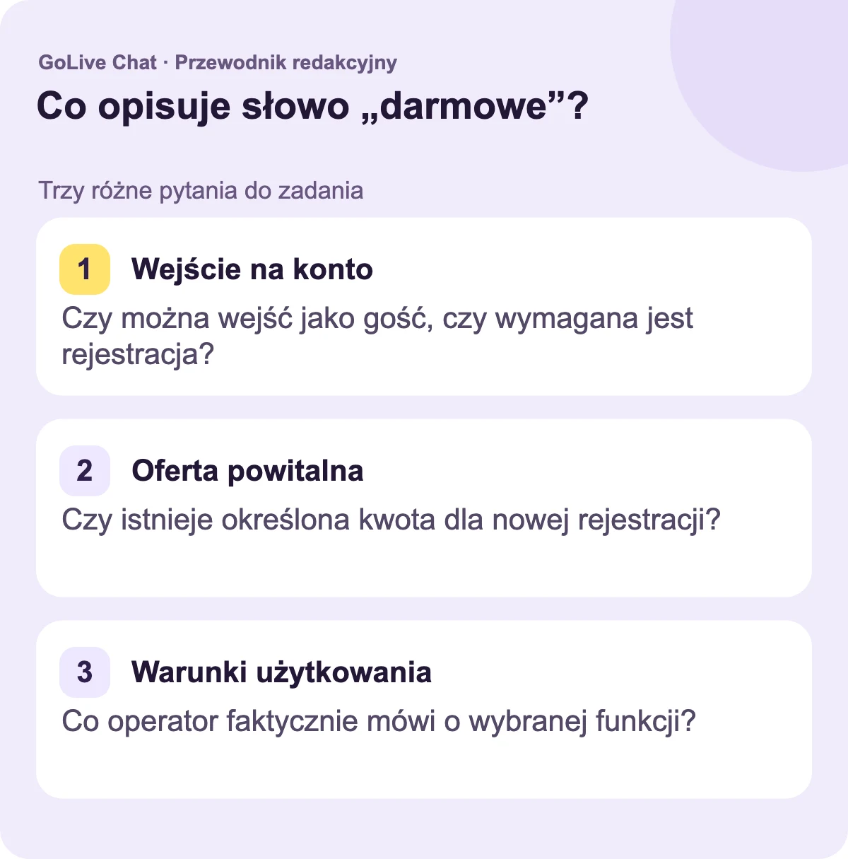 Wejście na konto: Czy można wejść jako gość, czy wymagana jest rejestracja? Oferta powitalna: Czy istnieje określona kwota dla nowej rejestracji? Warunki użytkowania: Co operator faktycznie mówi o wybranej funkcji?