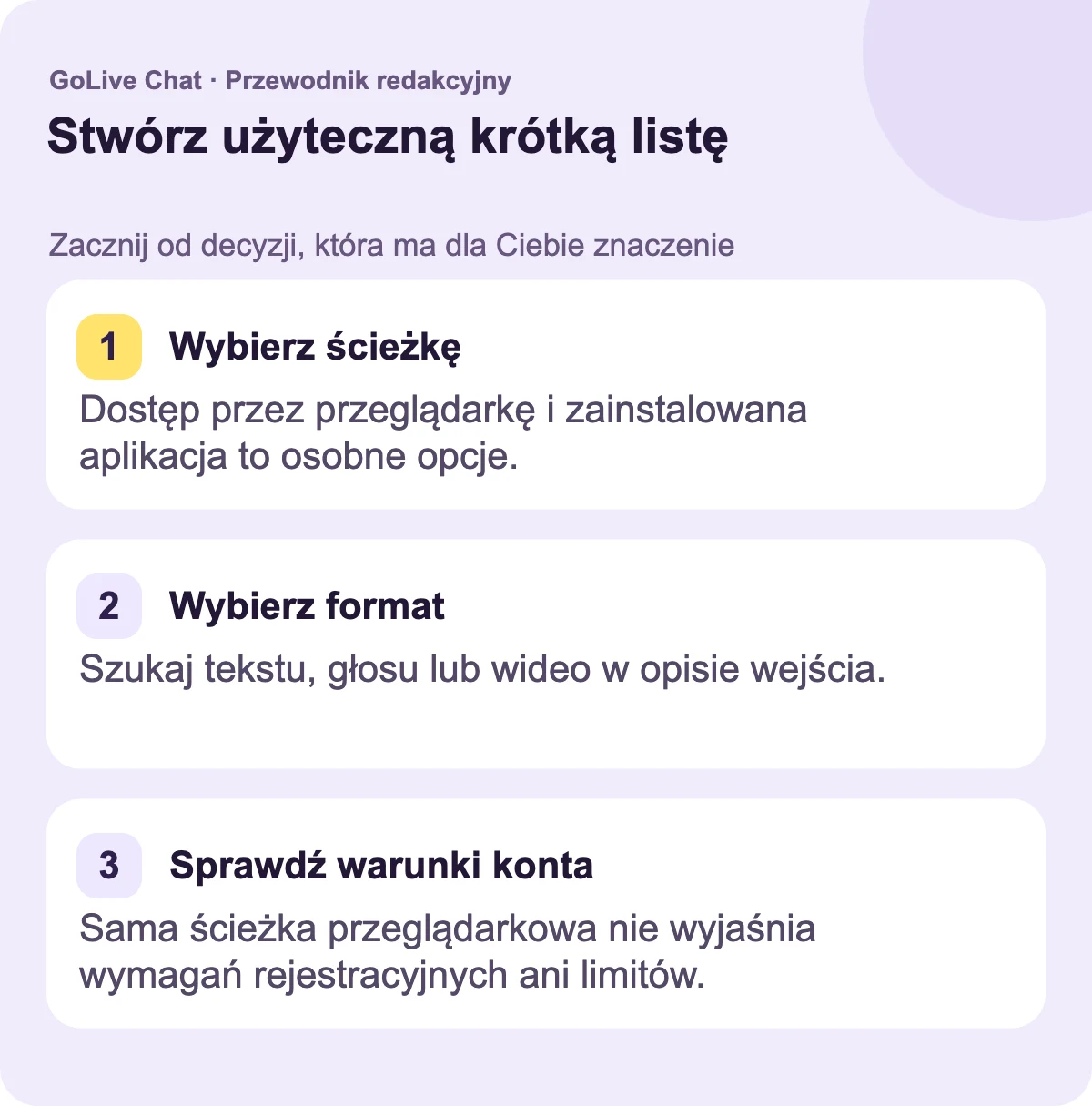 Wybierz ścieżkę: Dostęp przez przeglądarkę i zainstalowana aplikacja to oddzielne opcje. Wybierz format: Szukaj tekstu, głosu lub wideo w opisie wejścia. Sprawdź warunki konta: Sama ścieżka przeglądarkowa nie wyjaśnia rejestracji ani limitów.