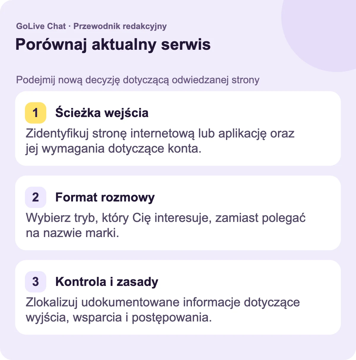 Ścieżka wejścia: Zidentyfikuj stronę internetową lub aplikację oraz ich wymagania dotyczące konta. Format rozmowy: Wybierz tryb, którego chcesz, zamiast polegać na nazwie marki. Elementy sterujące i zasady: Zlokalizuj udokumentowane informacje dotyczące wyjścia, wsparcia i postępowania.