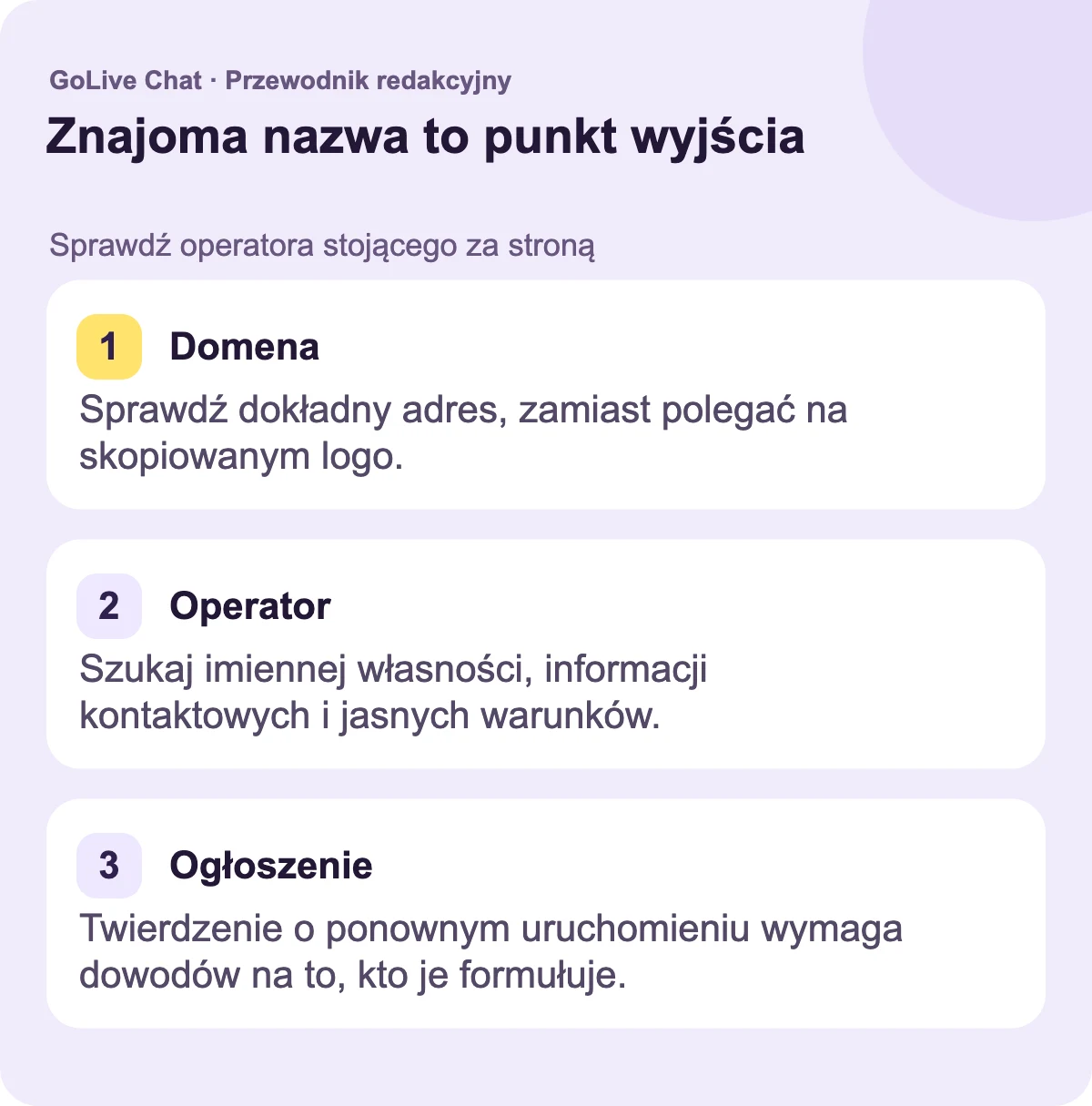 Domena: Sprawdź dokładny adres, zamiast polegać na skopiowanym logo. Operator: Szukaj nazwanej własności, informacji kontaktowych i jasnych warunków. Ogłoszenie: Twierdzenie o ponownym uruchomieniu wymaga dowodów na to, kto je wysuwa.