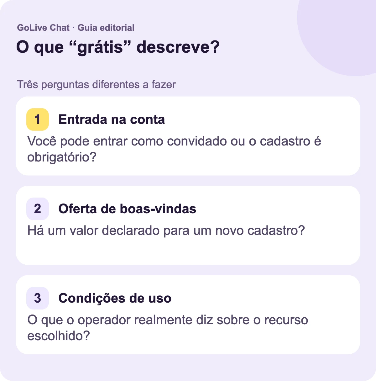 Entrada na conta: Você pode entrar como convidado ou o registro é obrigatório? Oferta de boas-vindas: Há um valor declarado para um novo registro? Condições de uso: O que o operador realmente diz sobre o recurso escolhido?
