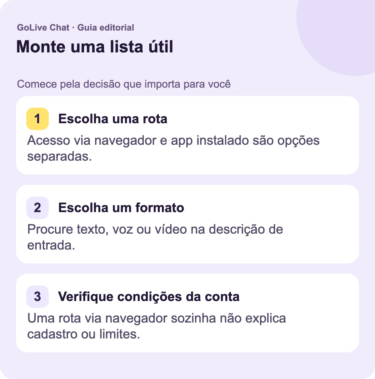 Escolha uma rota: Acesso via navegador e um aplicativo instalado são opções separadas. Escolha um formato: Procure por texto, voz ou vídeo na descrição de entrada. Verifique as condições da conta: Uma rota do navegador sozinha não explica o registro ou limites.