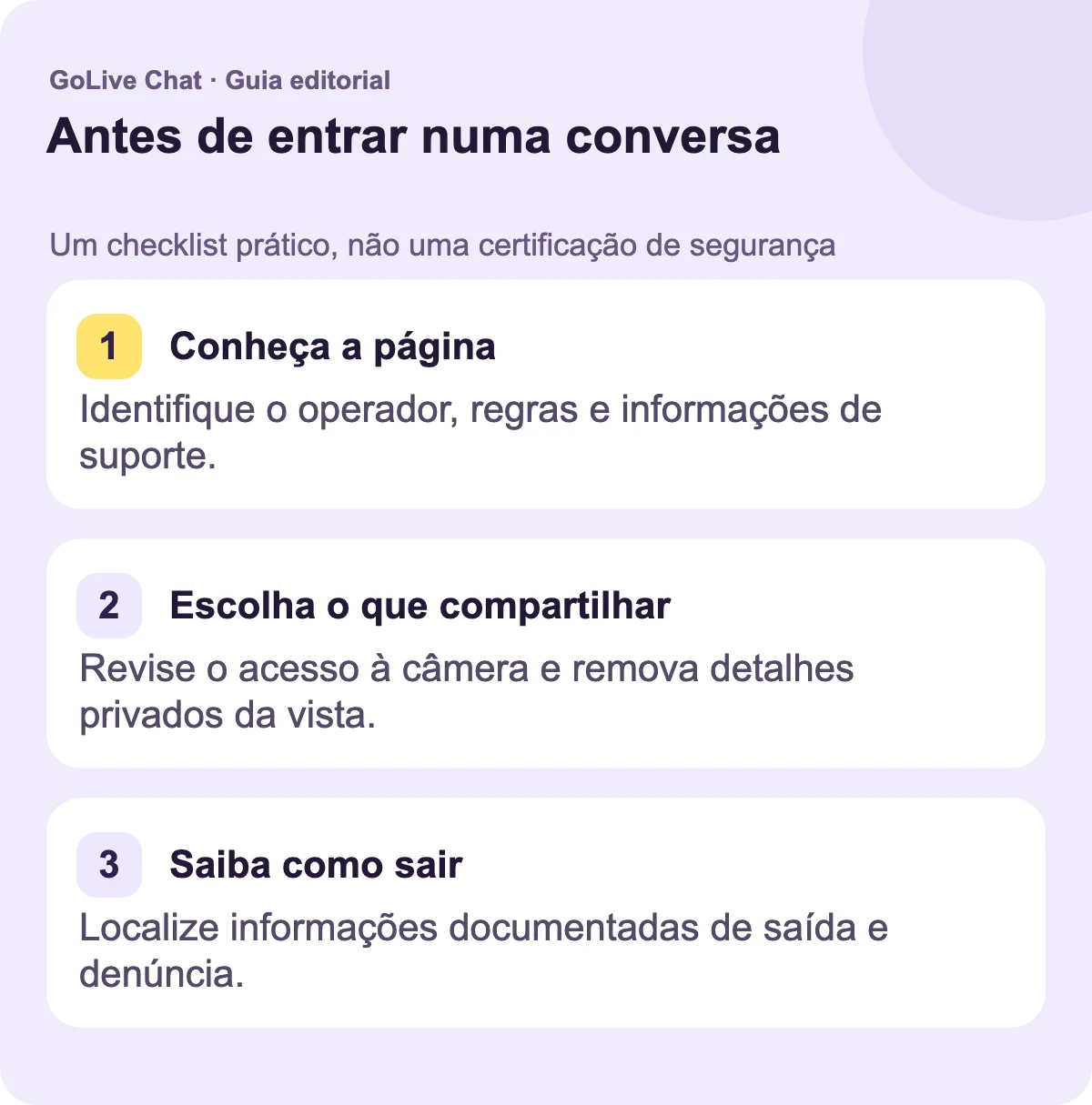Conheça a página: Identifique o operador, regras e informações de suporte. Escolha o que compartilhar: Revise o acesso à câmera e remova detalhes privados da vista. Saiba como sair: Localize as informações documentadas de saída e denúncia.
