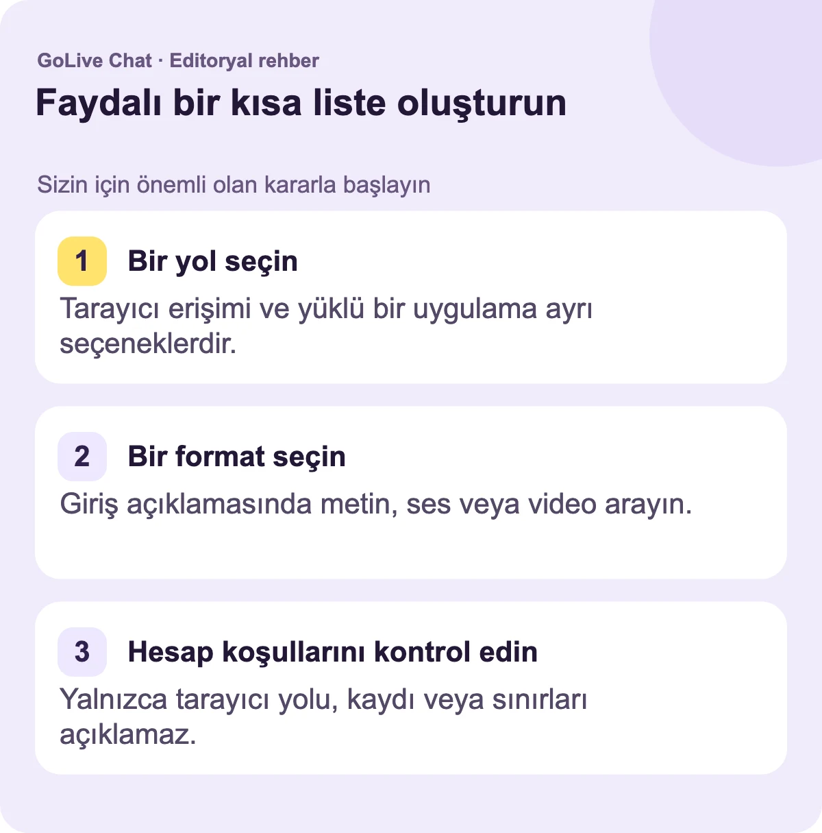 Bir yol seçin: Tarayıcı erişimi ve yüklü bir uygulama ayrı seçeneklerdir. Bir format seçin: Giriş açıklamasında metin, ses veya video arayın. Hesap koşullarını kontrol edin: Yalnızca tarayıcı yolu, kaydı veya sınırları açıklamaz.