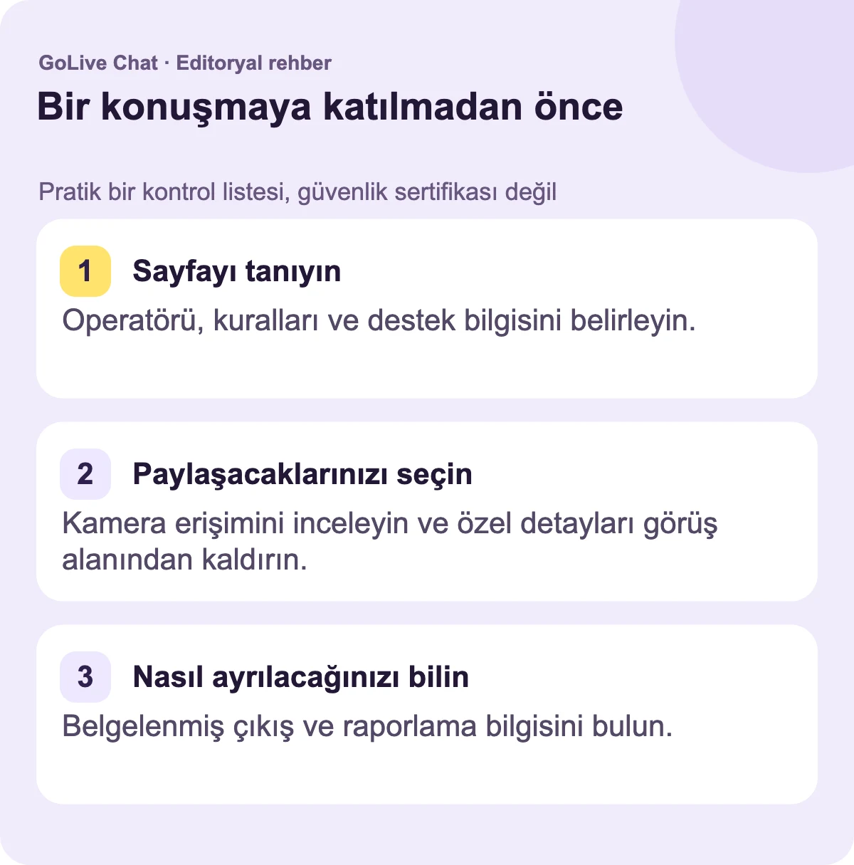 Sayfayı tanıyın: Operatörü, kuralları ve destek bilgilerini belirleyin. Ne paylaşacağınızı seçin: Kamera erişimini inceleyin ve özel detayları görüşten kaldırın. Nasıl ayrılacağınızı bilin: Belgelenmiş çıkış ve raporlama bilgilerini bulun.