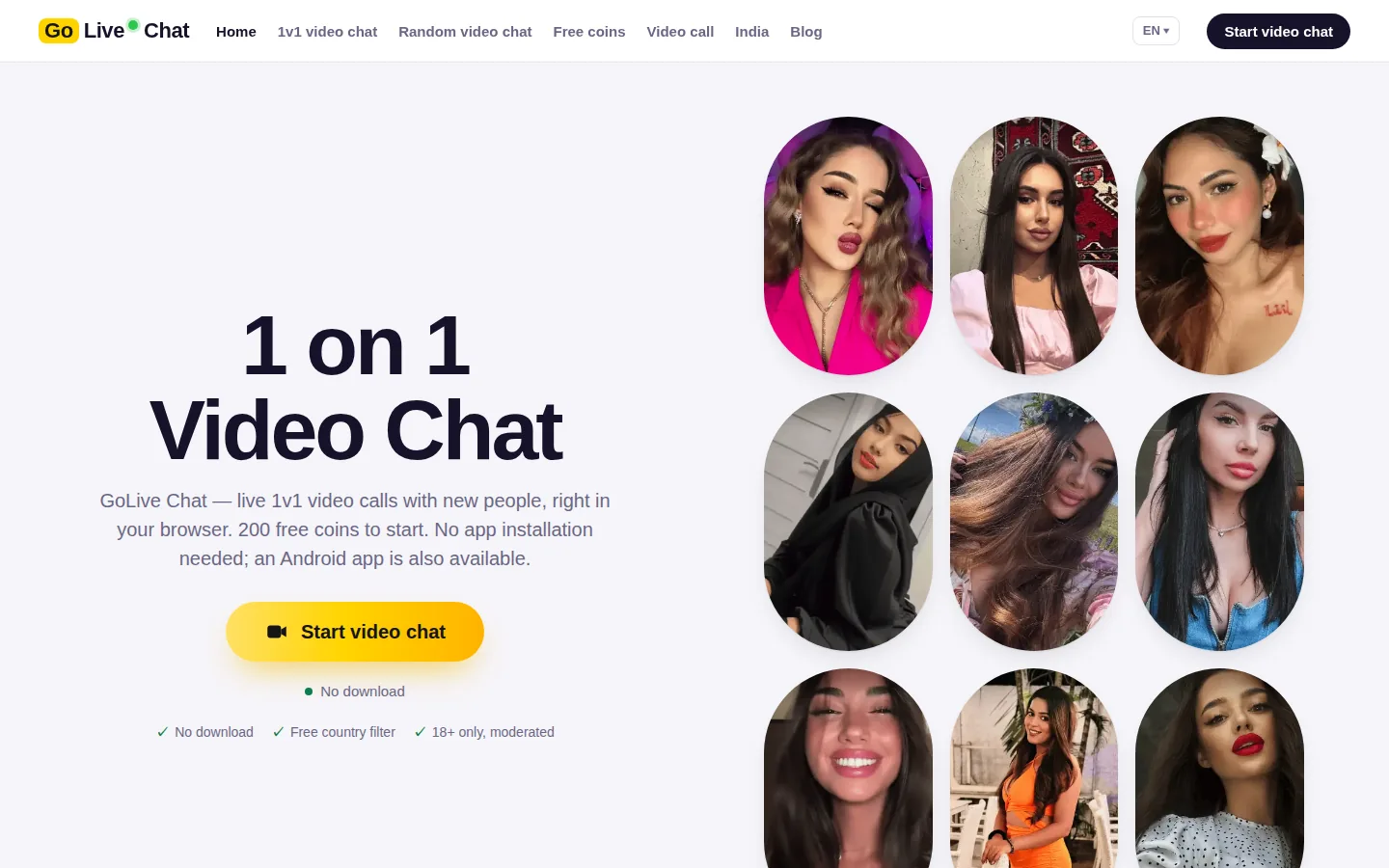 GoLive homepage with a 1 on 1 Video Chat heading, profile portraits and yellow start button