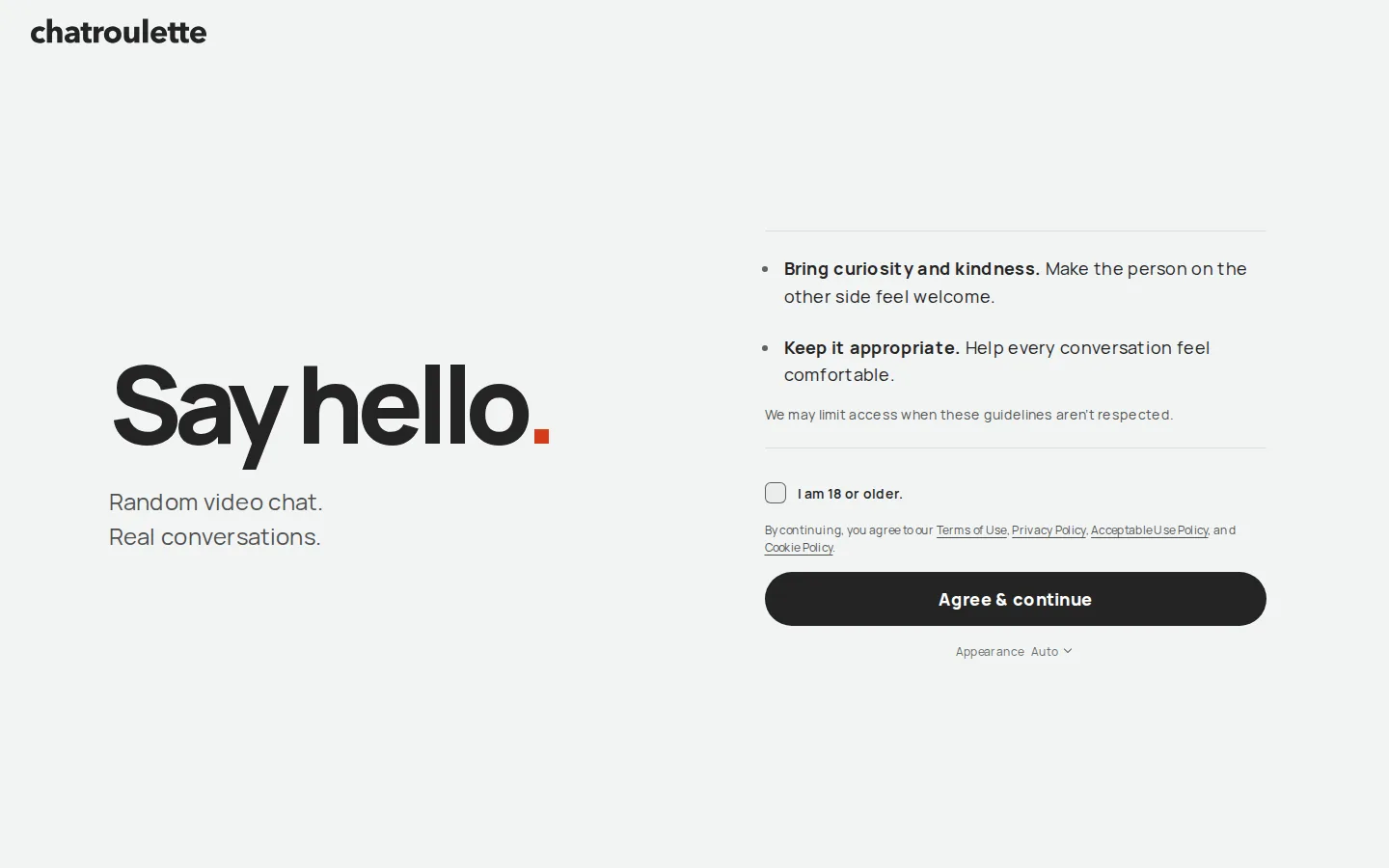 Chatroulette homepage with its Say hello introduction and agreement button