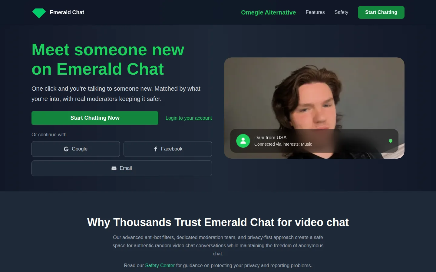 Emerald Chat homepage with interest entry and account options beside a video preview