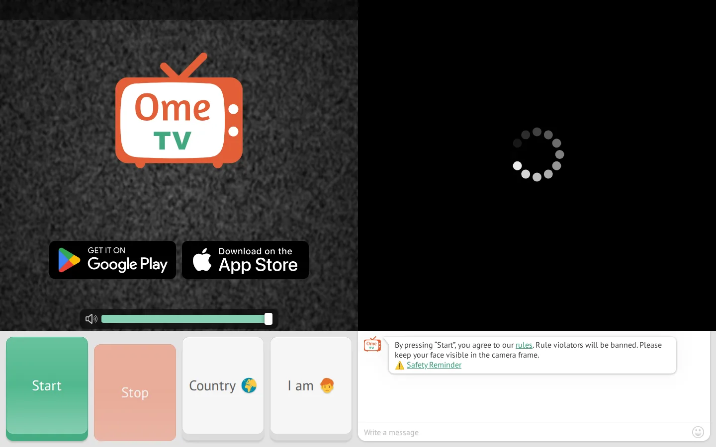 OmeTV browser screen with Start, Stop and Country controls below the video area