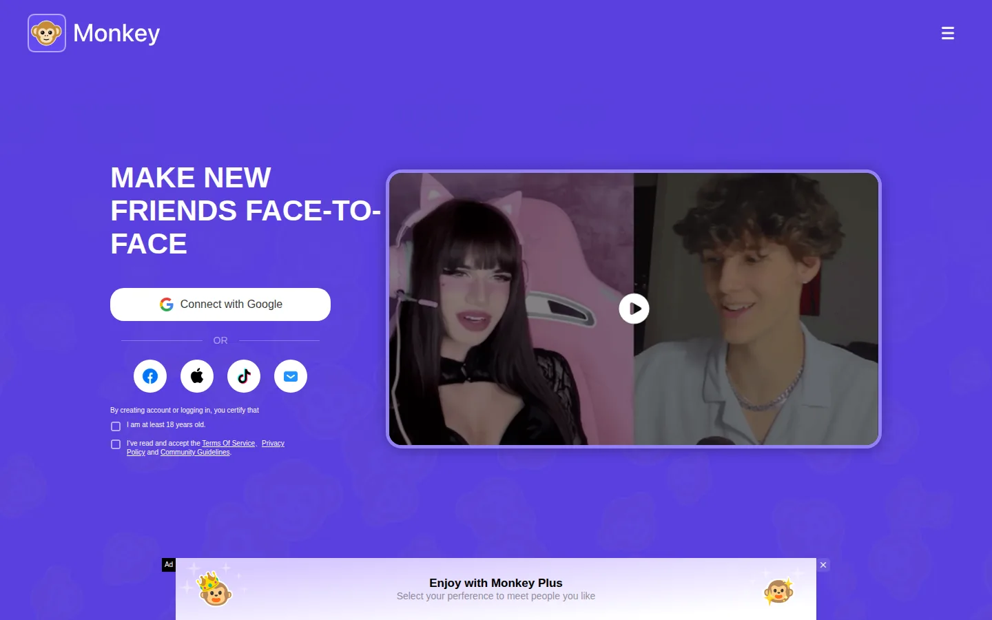 Monkey homepage with a Google account button and side-by-side video preview