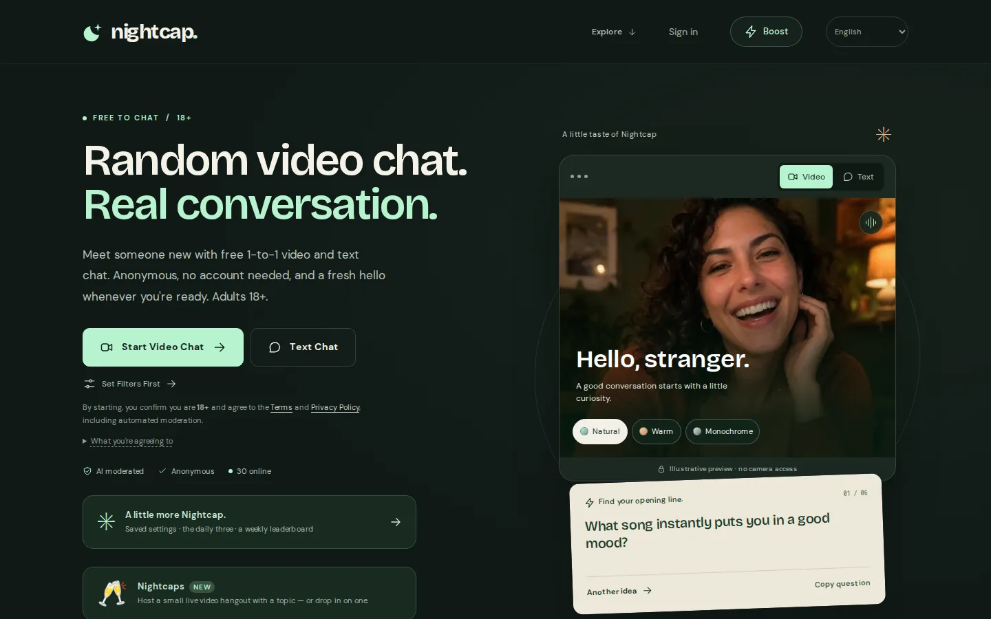 Nightcap homepage with video and text entry options beside a conversation preview