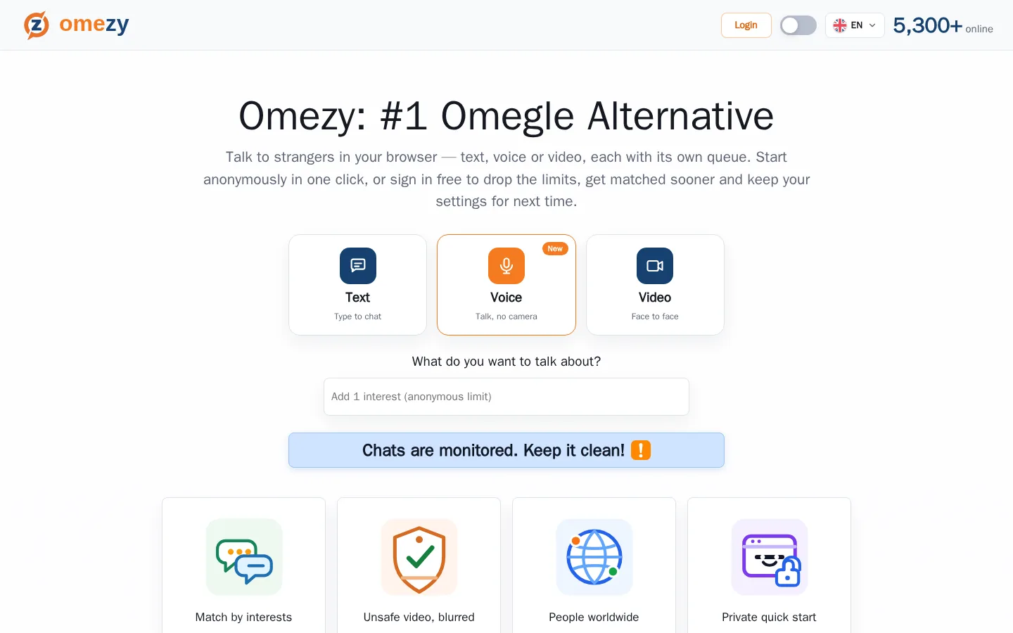 Omezy homepage with separate Text, Video and Voice choices above interest entry